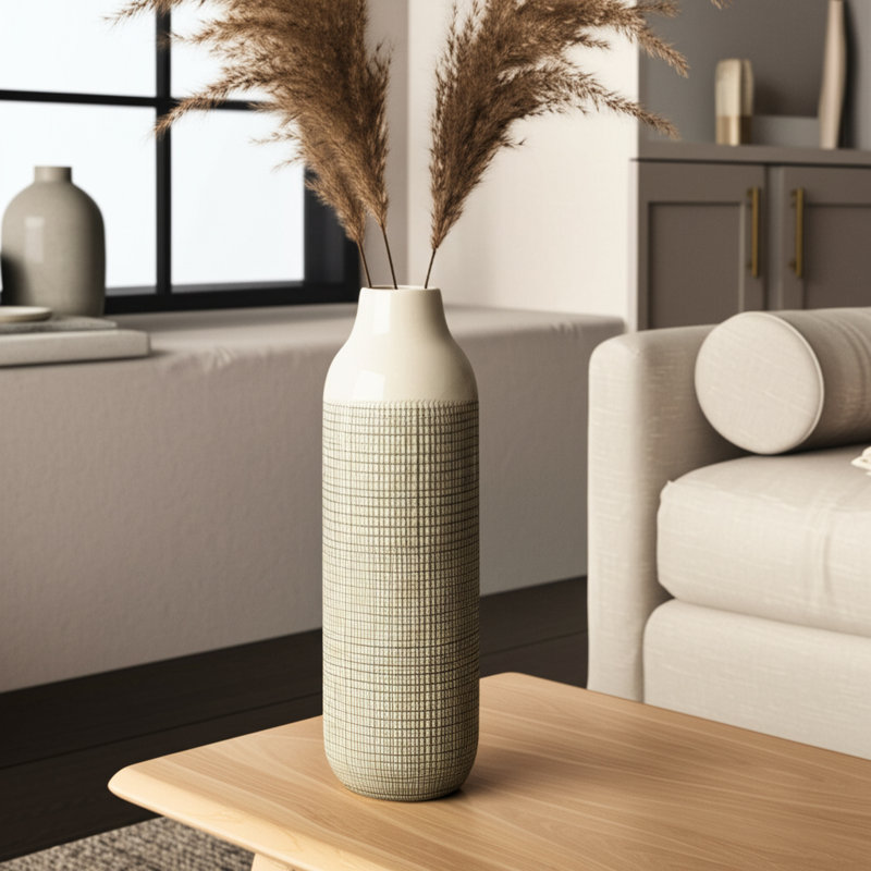Chartres Stoneware Ceramic Vase - Textured Casual Home Decor Accent with Grid Relief Design, 16" H x 6" W x 5" D, Beige