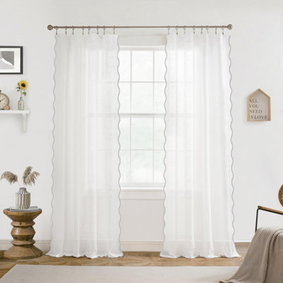Rideaux semi-transparents en lin à bordure festonnée pour fenêtre de chambre à coucher avec passe-tringle