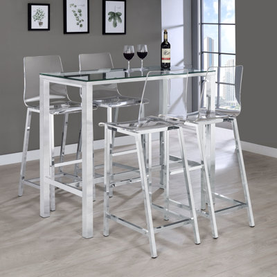 Contemporary 5 Dining With Finish, Rectangular Glass Table And Transparent Acrylic Seating For A Appeal Stylish Bar Clear Elements, 4 Backs Style