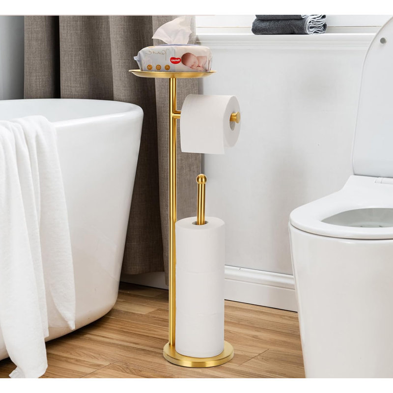 Porte-papier hygiénique sur pied avec plateau de rangement et organisateur de rouleau supplémentaire, fabrication en acier inoxydable robuste pour le décor de la salle de bain