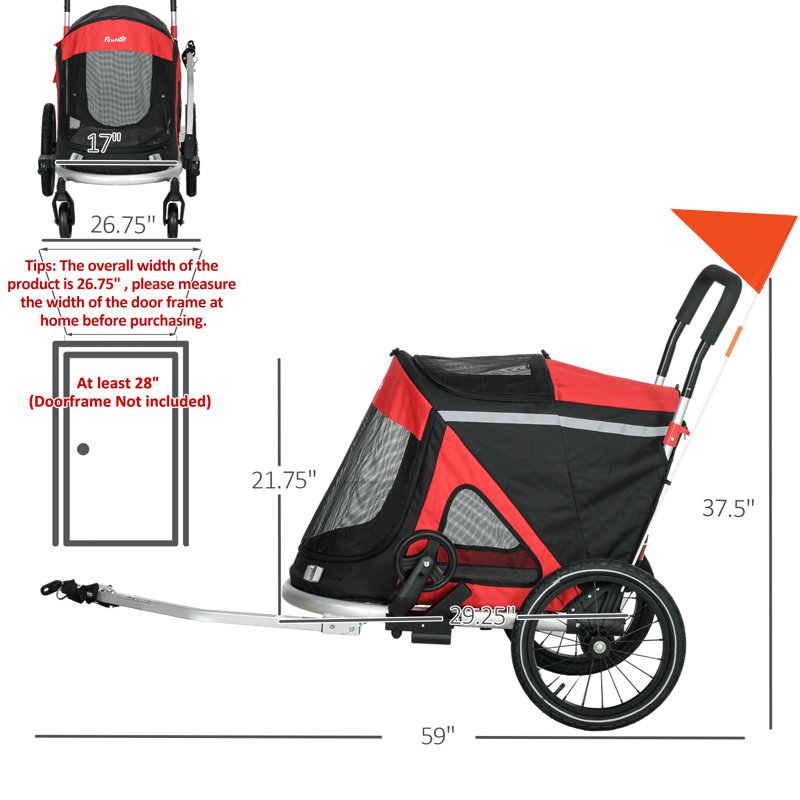 Red Foldable Aluminum Dog Bike Trailer with Safety Features