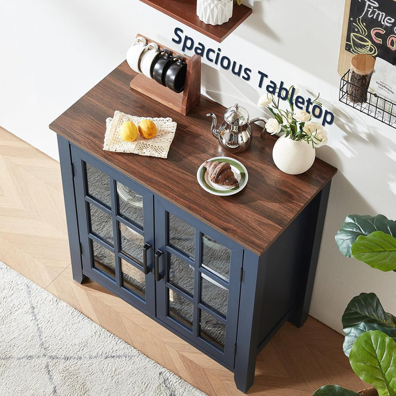 Buffet bleu marine avec portes en verre et rangement Mid-Century