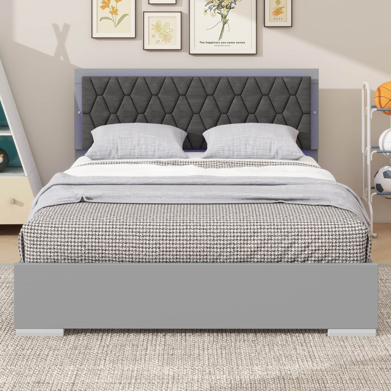 Grand lit tapissier avec éclairage à DEL d'ambiance, Gris