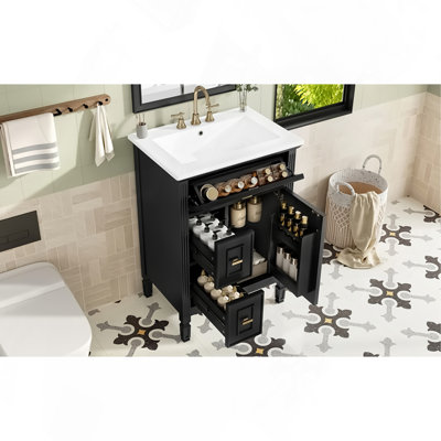 Meuble-lavabo de 24 po avec lavabo, armoire en bois massif et panneau de fibres à densité moyenne avec un tiroir rabattable, deux tiroirs standard et une tablette réglable, meuble-lavabo noir autoportant pour le rangement de la salle de bain