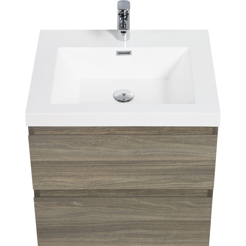 Meuble-lavabo suspendu gris cendré de 24 po avec lavabo en résine, fixé au mur, 2 tiroirs, structure robuste, tiroirs à ouverture silencieuse, fonctionnel et élégant, durable.