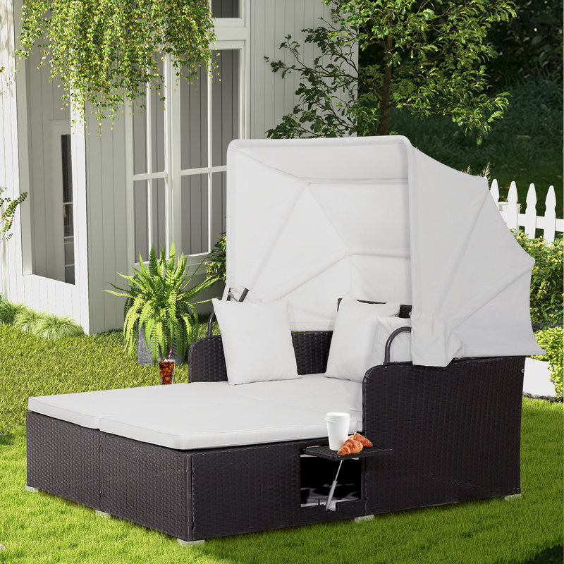 Outdoor Daybed with Retractable Canopy PE Rattan Sunbed with Soft Cushions & Pillows 2 Folding Side Trays, Off White
