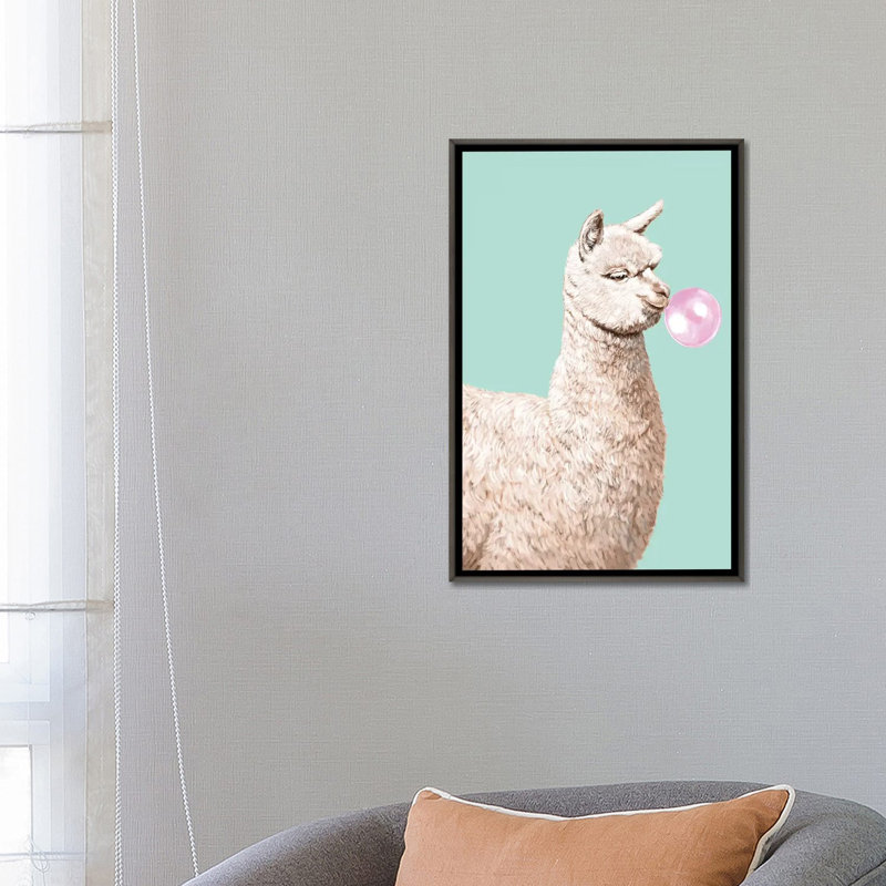 Art ludique en alpaga mâchant de la gomme à mâcher, H 26 po x l 18 po x P 1,5 po, Toile encadrée de bois rustique foncé