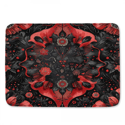 Red Black Floral Motif Bath Mat