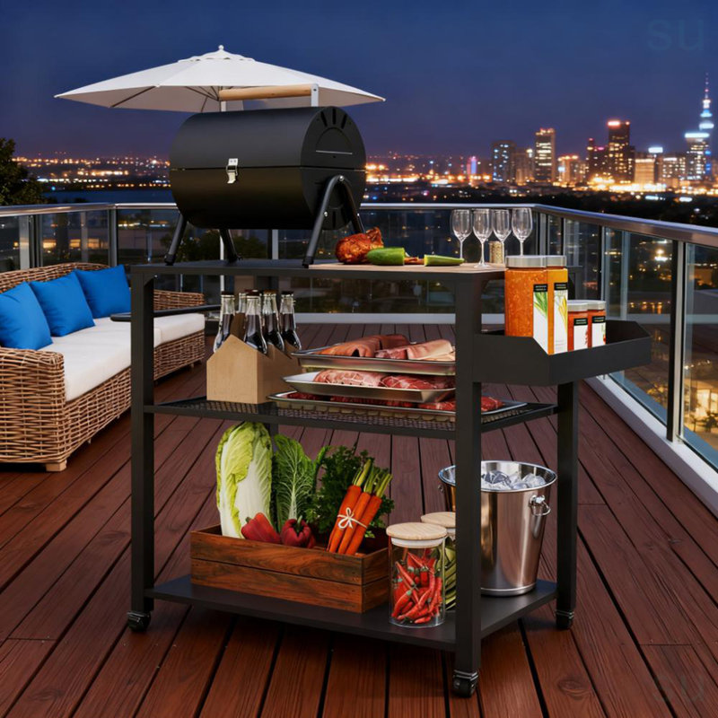 Table de four mobile sur roulettes, chariot de barbecue extérieur à 3 niveaux facile à déplacer avec supports de rangement, poignée latérale