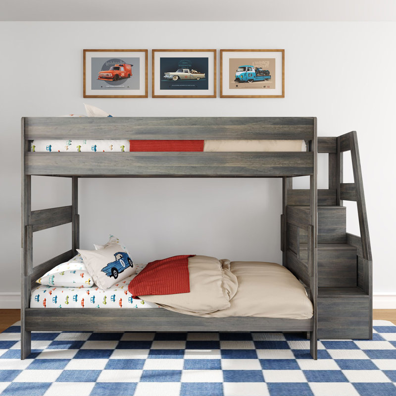 Modern Farmhouse Bunk Bed With Staircase, Farmhouse Pecan, Queen Over Queen
