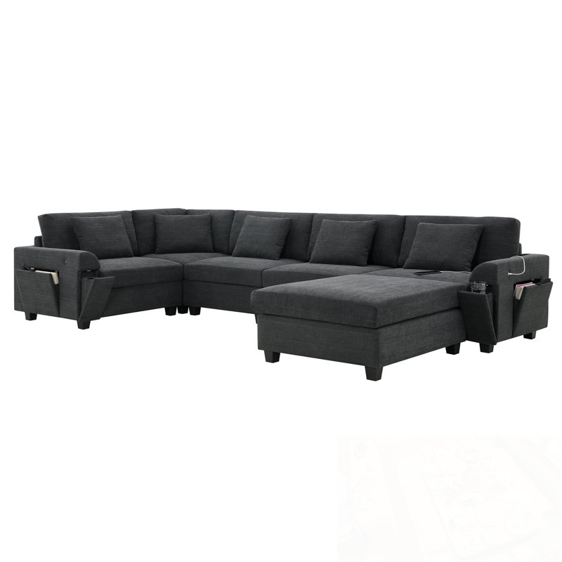 U-Shaped Chenille Sectional Sofa With Ottoman, Hidden Armrest Storage And Cup Holders, Gray Chenille