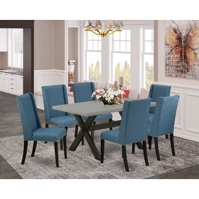 7 Piece Modern Dining Table Set Consist of a Rectangle Dining Room Table with X-Legs and 6 Blue Linen Fabric Upholstered Chairs, Wire brushed Black
