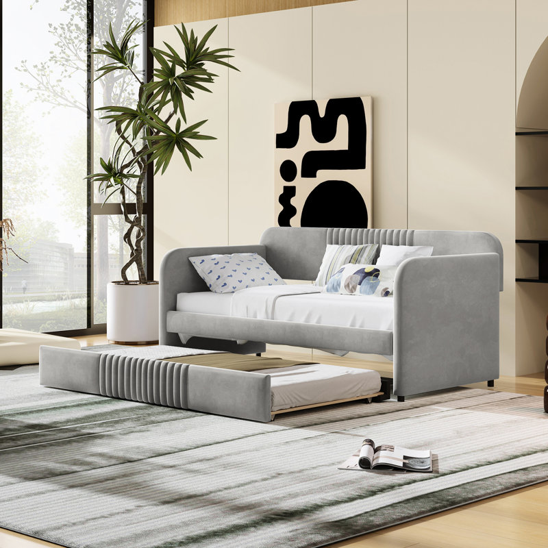 Lit de jour simple rembourré gris, lit gigogne, support en lattes de bois, solide et robuste, idéal pour un lit de taille domestique, design élégant, lit peu encombrant