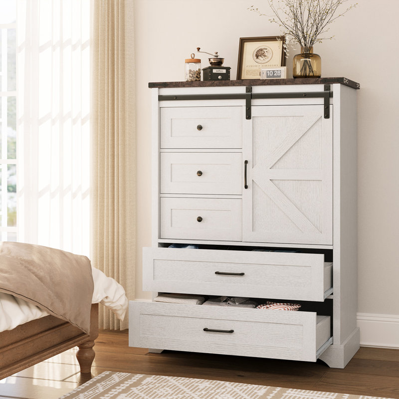 47" Tall Farmhouse 5 Drawer Sideboard Buffet, Storage Cabinet Chest With Sliding Barn Door & Shelf For Kitchen, Bathrooms
