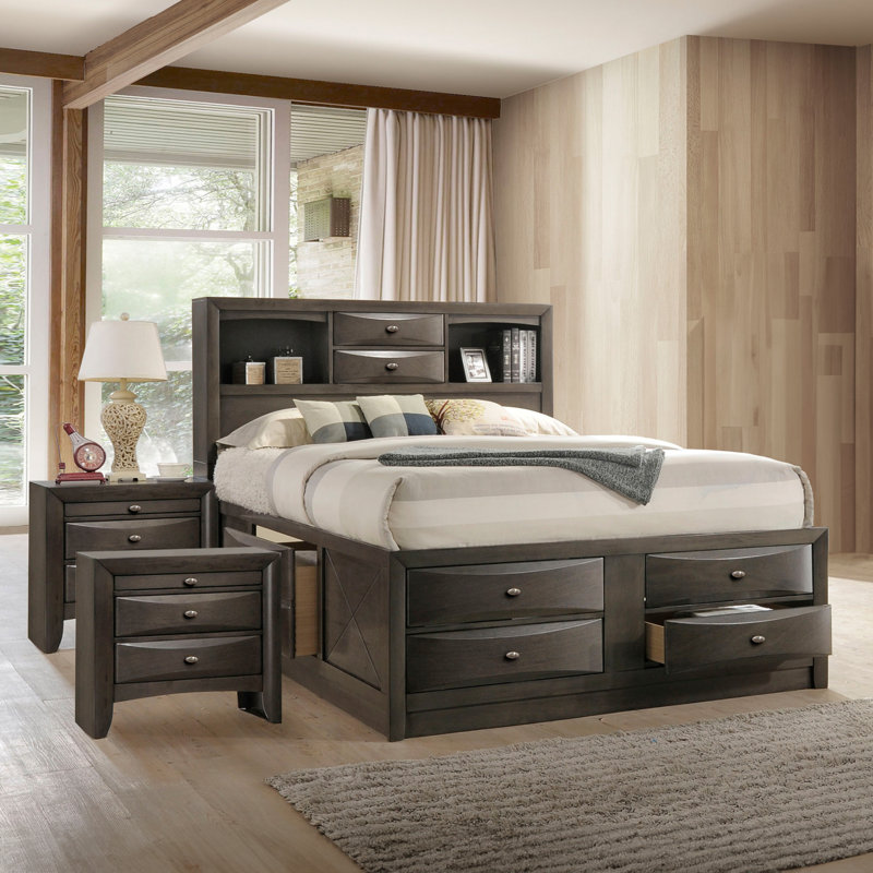 Lakiesha 6-Piece Bedroom Set, Queen, Gray, 5 Pcs: Bed, 2 Nightstands, Dresser, Mirror