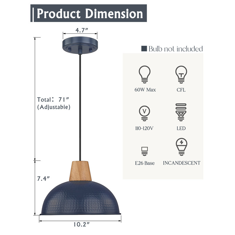 Luminaire suspendu en métal martelé 1 lumière noir, Bleu