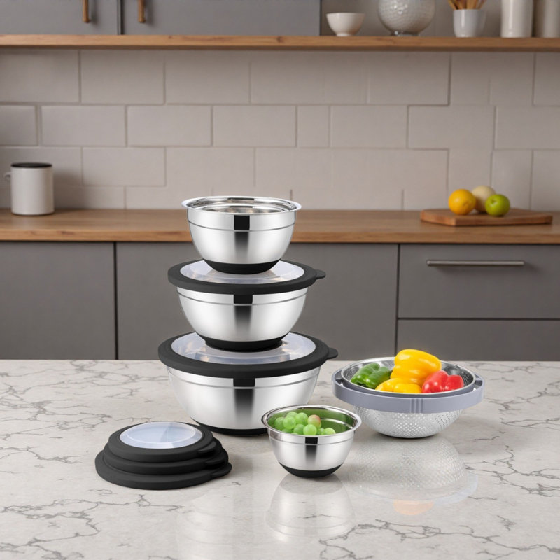 Ensemble d'ustensiles de cuisine 32 pièces en acier inoxydable avec bol à mélanger 5 pièces avec couvercles 32 pièces, Noir