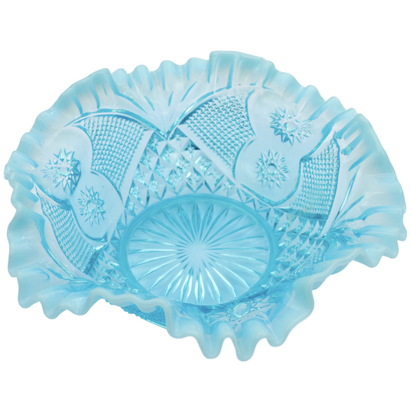 Bol à volants en verre bleu opalescent Mid-Century fabriqué à la main Americana