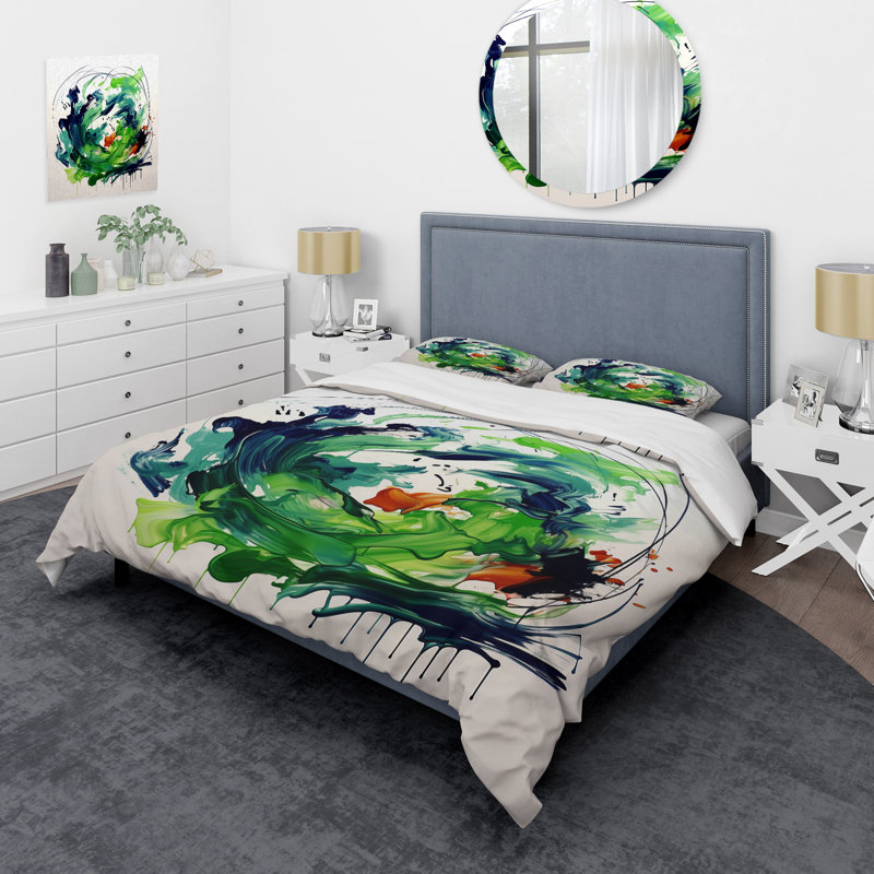 «Green and White Abstract Ink Expression III - Peinture abstraite», ensemble de housse de couette