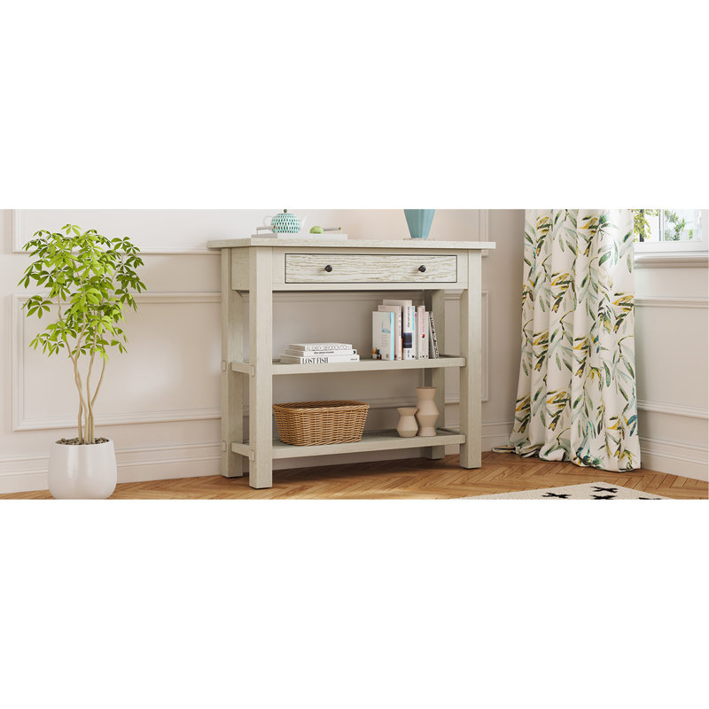 Retro Console Table With Drawer And Two Sturdy Shelves For Entryway, Living Room, Grey Wash