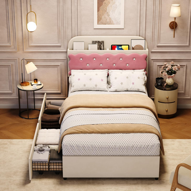 Structure de lit simple avec tête de lit en velours, 2 tiroirs de rangement, blanc et rose | Tête de lit Cookie, Lit simple