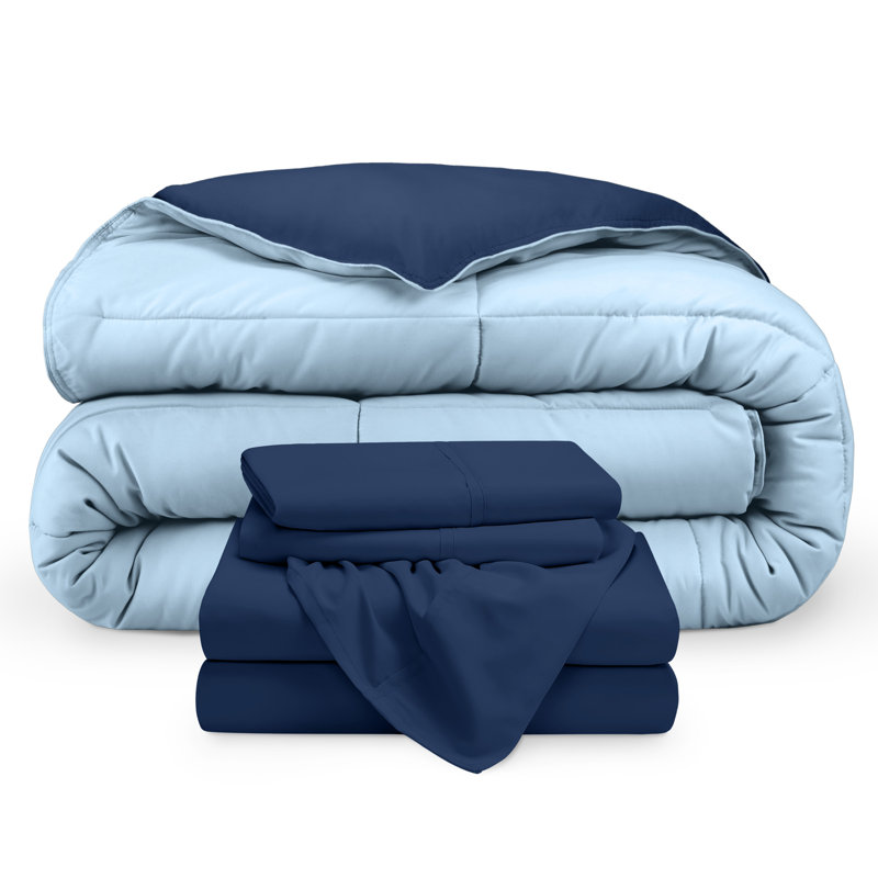Microfiber Reversible Bed-In-A-Bag, Dark Blue/Light Blue, Dark Blue, Full XL Comforter + 2 Pillowcases