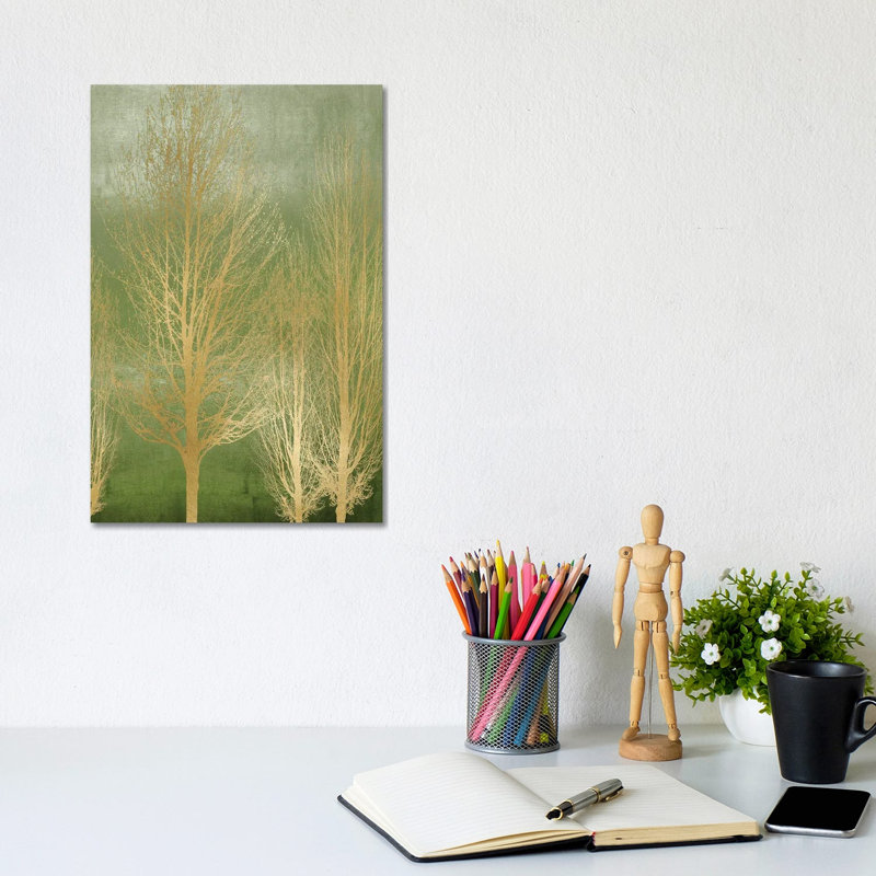 Gold Trees On Green Panel II by Kate Bennett - Wrapped Canvas Painting, 20.32 cm H x 30.48 cm W