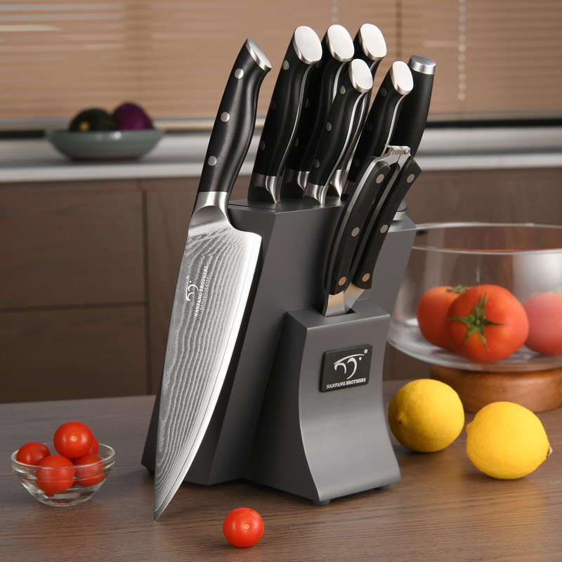Ensemble de 9 couteaux de chef avec bloc en bois, gris