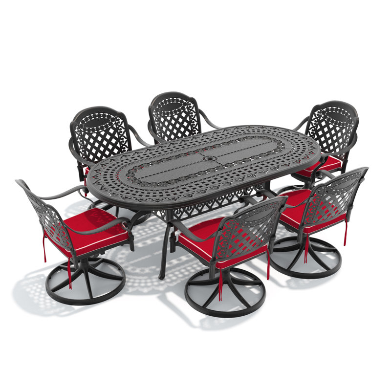 Ensemble repas d'extérieur 7 pièces en fonte d'aluminium, 6 chaises pivotantes et table ovale, toutes saisons, structure noire