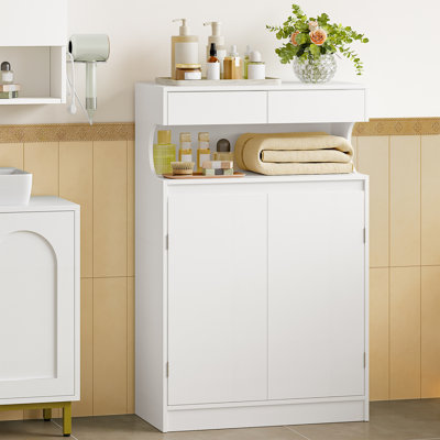 Bathroom Storage Cabinets with Drawers, Bathroom Floor Cabinet with Open Storage, 2 Doors, Adjustable Shelf, Free Standing Storage Cupboard for Living Room 30 × 60 × 90 cm, White 