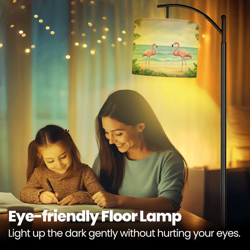 Lampe sur pied à arc avec flamants roses, plage, plantes tropicales, vue sur l'océan, lampe pour la chambre à coucher à intensité variable avec télécommande et ampoule incluse