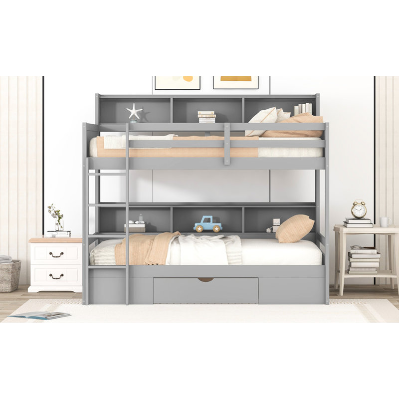 Lit superposé gris avec grand espace de rangement - Espace de vie polyvalent