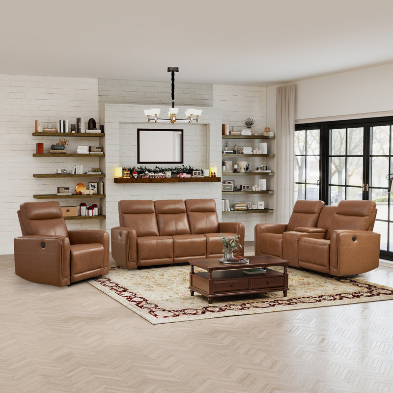 3-Piece Modern Top-Grain Leather Power Reclining Living Room Set: Electric Recliner Chair + Loveseat +Sofa With Console And Type-C & USB
