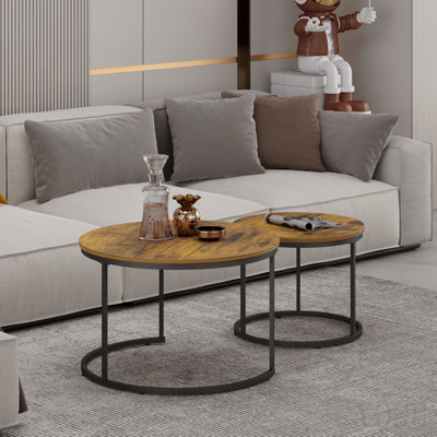 Ensemble de 2 tables basses gigognes, table basse ronde de 70 cm (27,6 pouces) fini bois industriel avec structure métallique robuste, tables d'appoint pour salon, chambre, balcon ou jardin (brun rustique)