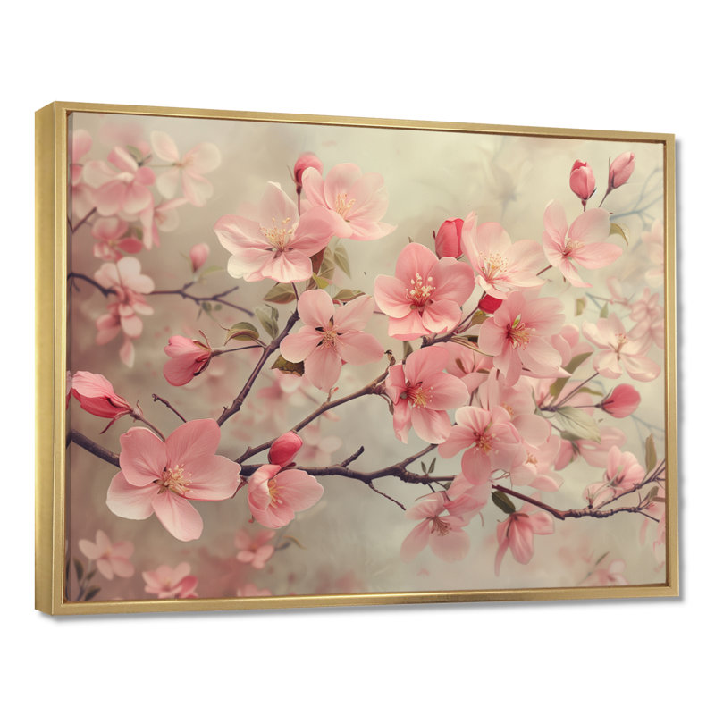 Rose et rose, pomme, fleurs du printemps II, Cadre doré flottant, bois massif, H 34 po x l 44 po