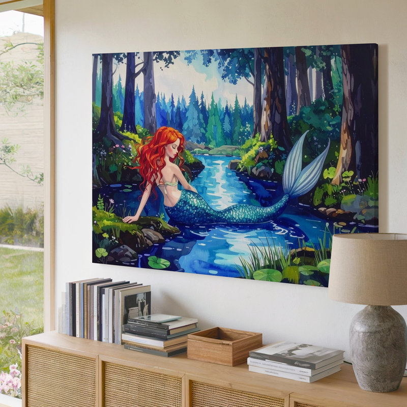 Art mural, forêt, étang, sirène, toile, fantaisie, H 9 po x l 12 po