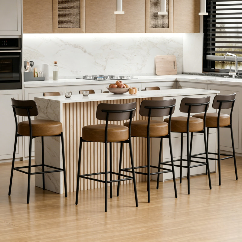 24'' Faux Leather Ronan Set Of 6, Counter Height Ronan With Backs, Upholstered Counter Chairs For Kitchen Island, Brown