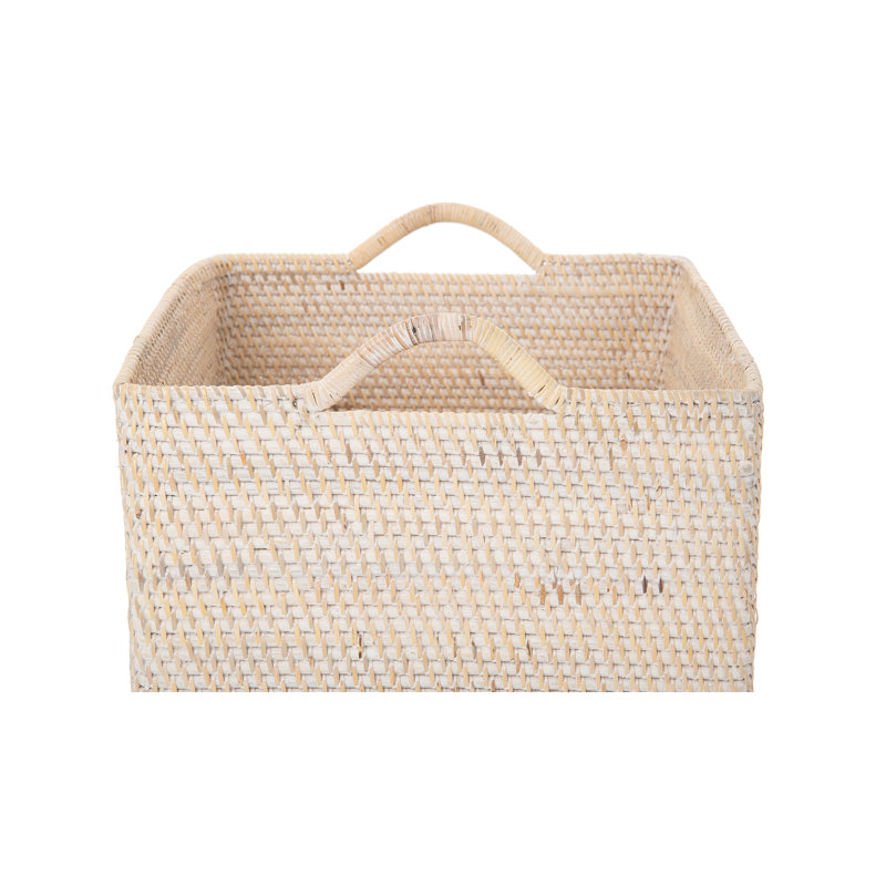 Simran Rectangular Decorative Rattan Storage Basket with Ear Handles, Large, Black/White/Brown-Wash, White Wash