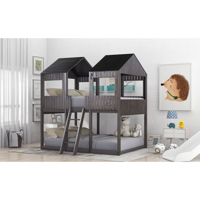 Lit superposé double en bois avec fenêtre - Améliore la ventilation de la chambre à coucher au-dessus de la barrière de sécurité grise antique et sécuritaire pour la famille