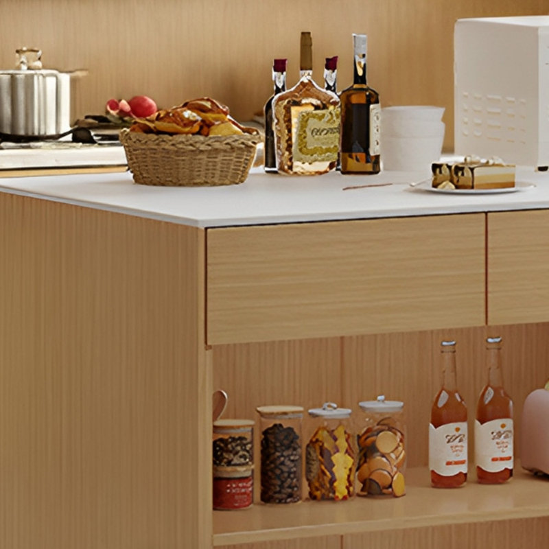 Kitchen Island with Sintered Stone Top, Solid Wood Frame, Drawer and Open Storage, Natural Wood