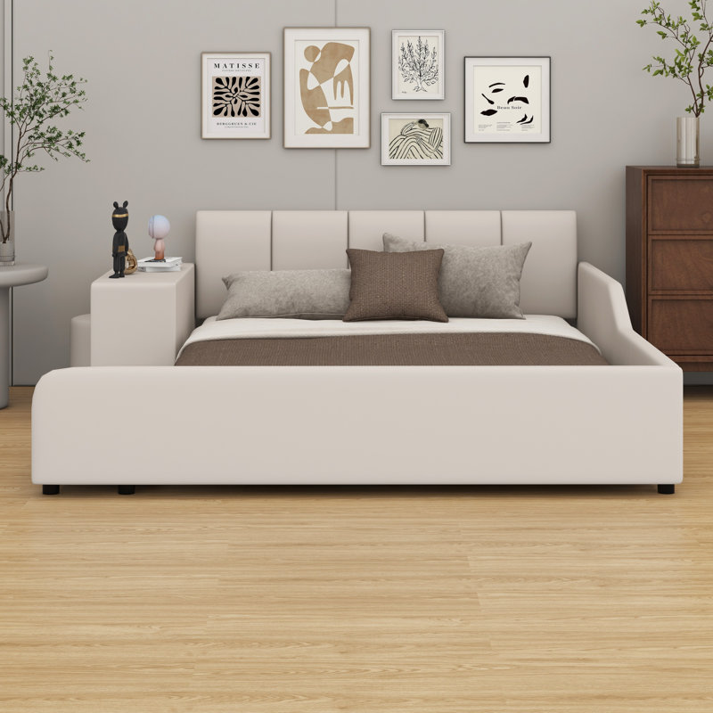 Lit plateforme tapissier avec rangement Leavie, Beige, Grand