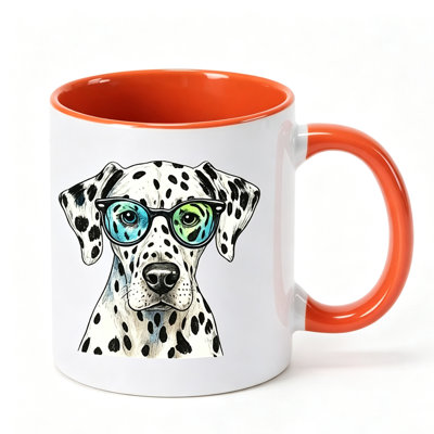 A reusable ceramic coffee cup with a spotted dog print, suitable as a birthday gift, Thanksgiving gift and Christmas present.