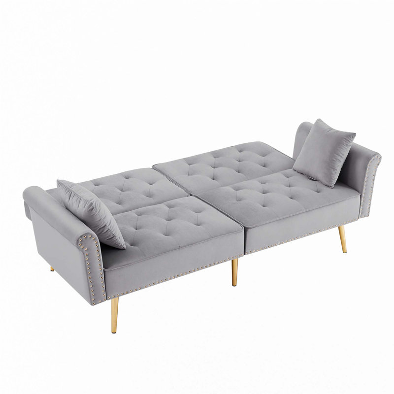 Canapé en velours capitonné avec 2 coussins et garniture cloutée, Gris
