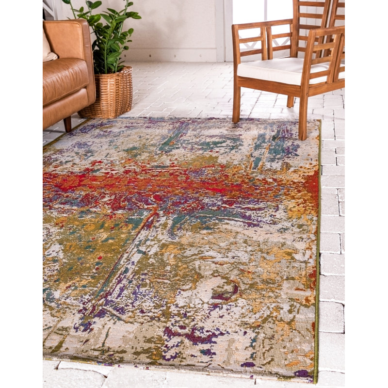 Tapis d'intérieur / extérieur multicolore à motif abstrait Trona, Rectangle 8 p x 11 pi 4 po