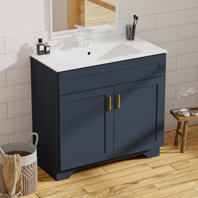Meuble-lavabo de 36 po avec lavabo, meuble de rangement en bois à double porte Farmhouse, meuble-lavabo sur pied avec lavabo en céramique (peinture, bleu, 36 po)