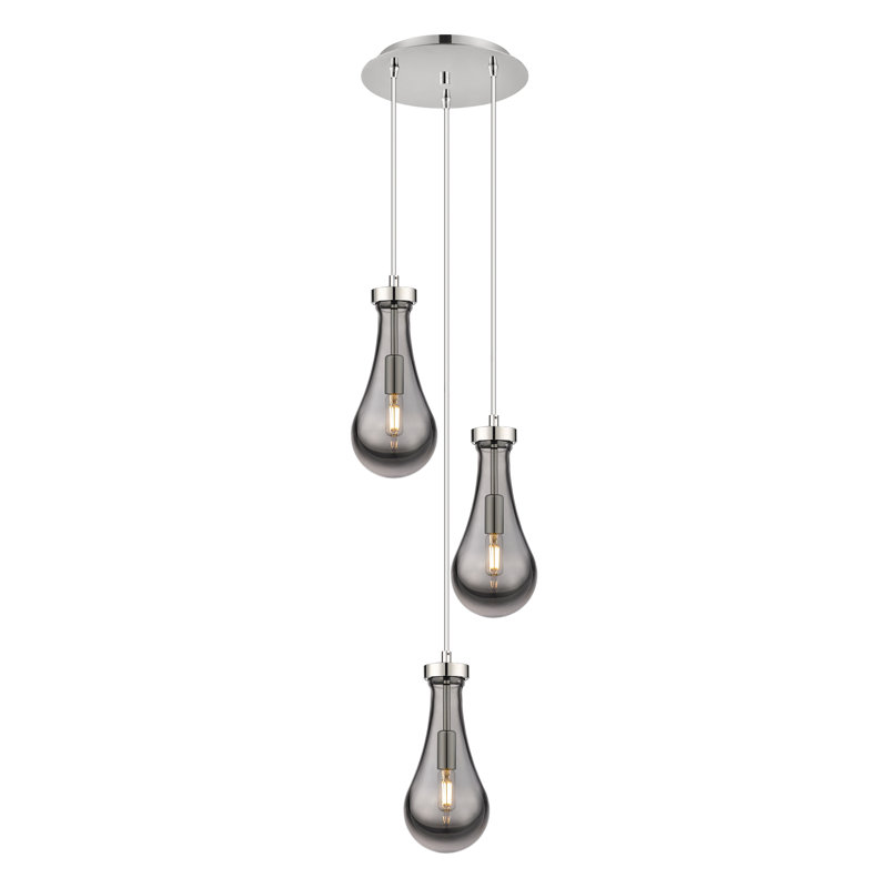 Luminaire suspendu grappe à 3 lumières Baysinger, Gris fumée clair, Nickel poli