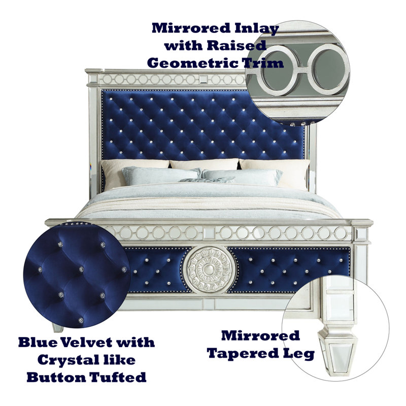 Lit Myzell, Grand lit, Bleu / miroir