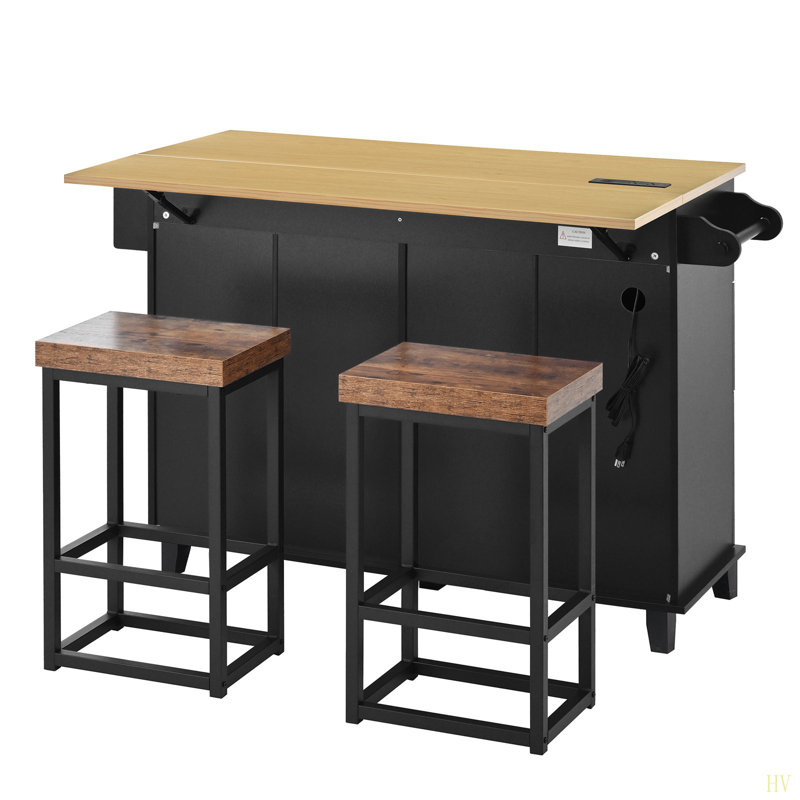 Someries Kitchen Island Set with Drop Leaf, 2 Stools, Storage Cabinet, Drawers and Towel Rack, Black