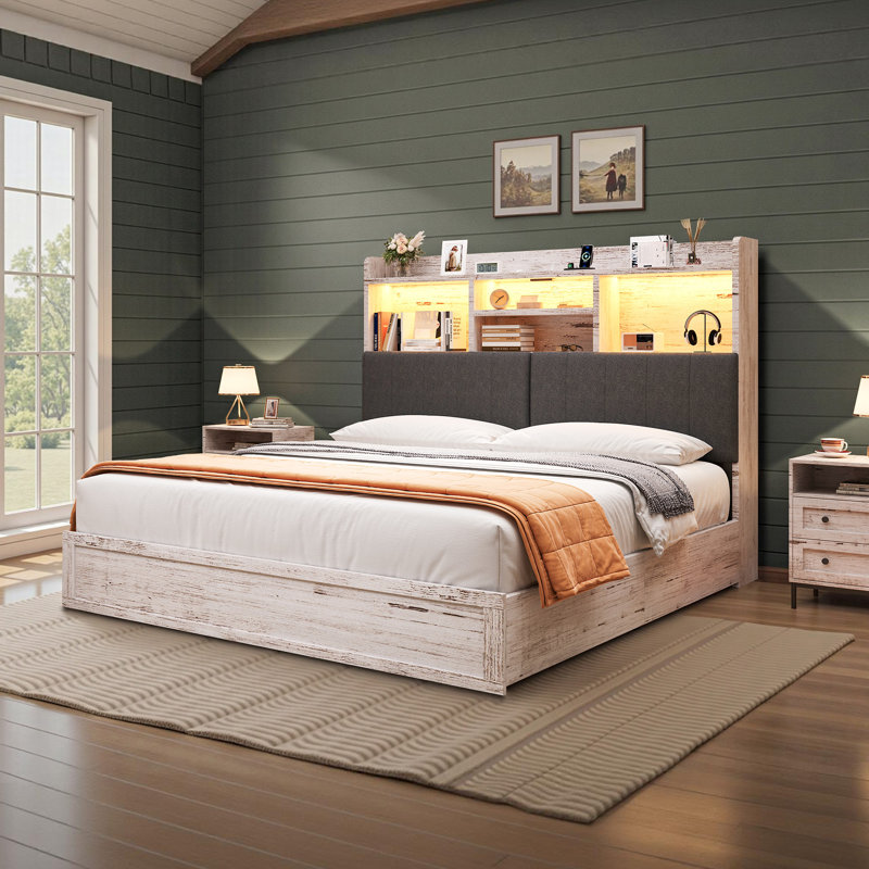 LED Farmhouse Full Bed with Bookcase Headboard & Charging Station, Distressed White, White, Full