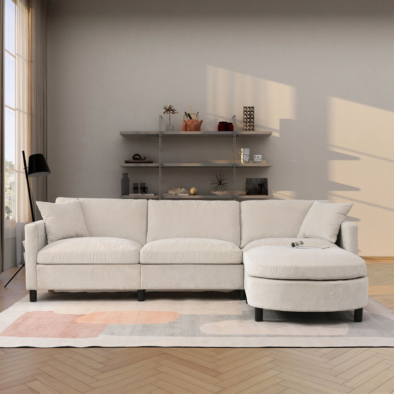 Canapé modulaire de 107,87 po avec 1 repose-pieds, coussin de siège et dossier amovible, Beige